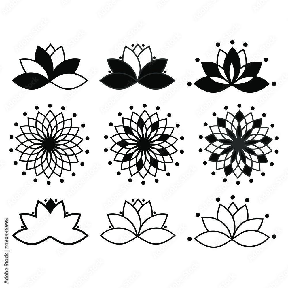 Obraz premium Set of stylized lotuses. Collection of lotus flowers for a logo. Black white vector illustration. Tattoo. Isolated on a blank background which can be edited and changed colors.
