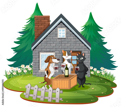 Dog and cat party in front of house on white background