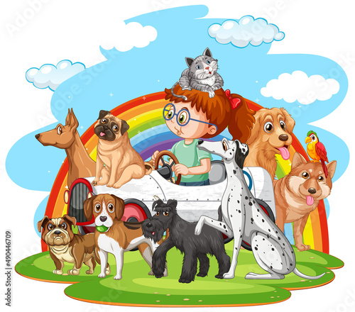 A girl driving a car with many dogs