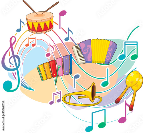 Music instrument with music notes on white background
