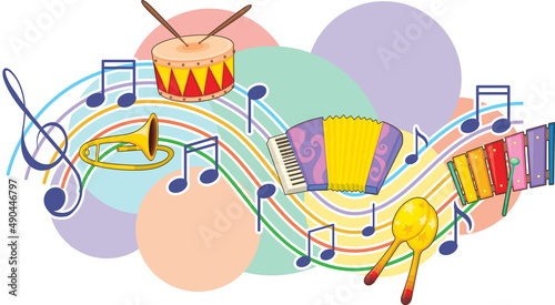 Music instrument with music notes on white background