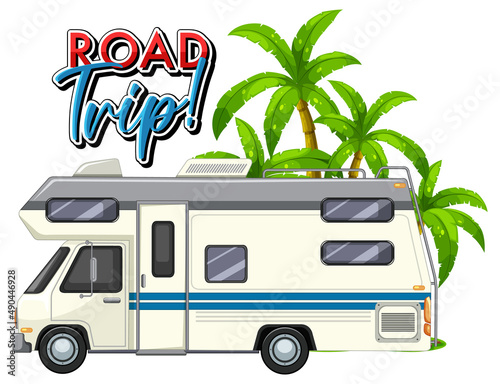 Road trip icon with campervan and tree