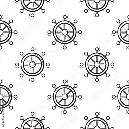 Seamless pattern hand drawn boat steering wheel on a white background