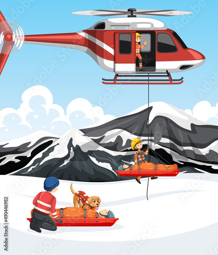 Snow scene with firerman rescue in cartoon style
