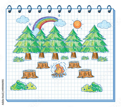 A notebook with a doodle sketch design with colour at the cover page