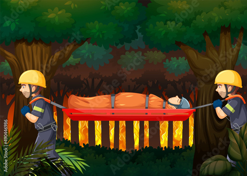 Wildfire scene with firerman rescue in cartoon style