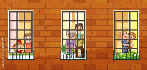 Building facade with people at the windows