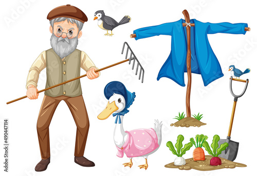 Set of farm objects and farmer cartoon character