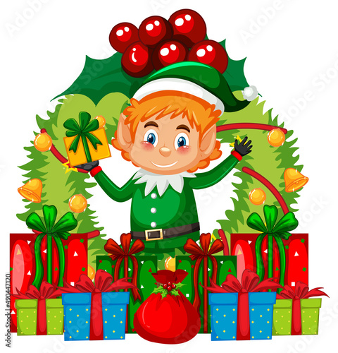 Cartoon elf Christmas wreath with many gift boxes