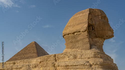 Sculpture of the Great Sphinx. Close-up. Profile view. The texture of the weathered surface of the stone statue is visible. The top of the pyramid against the blue sky. Egypt