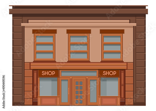 Shop store facade with showcases, large windows and columns. Detailed stylish shop. Stylish exterior design of a street store. Flat style vector illustration.