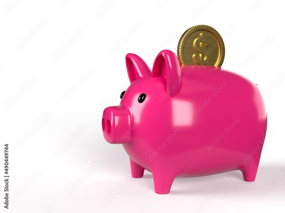 Obraz premium Piggy bank and gold coins with dollar sign. Money saving, profit, investment concept. 3D Rendering