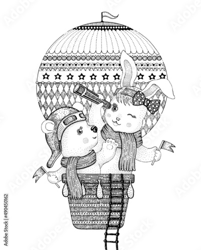 Hot air balloon with cute bear and bunny in basket. Vector hand drawn illustration with funny baby animals with spyglass fly on airship. Vintage kids poster in engaving style