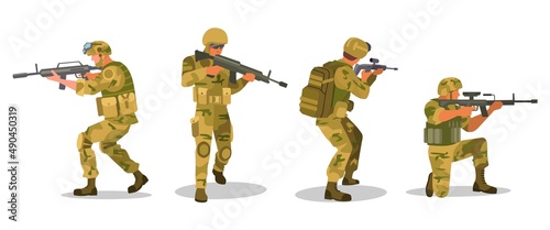 Soldier poses with camouflage suits and guns.