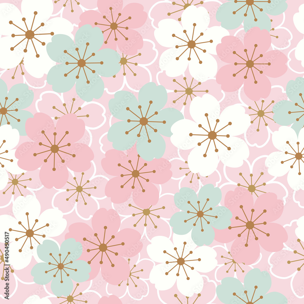 Cute seamless pattern with sakura, cherry blossom flowers design. Floral pattern for card, gift, invitation textile, fabric, wallpaper. Surface tile for prints in pastel color vector.
