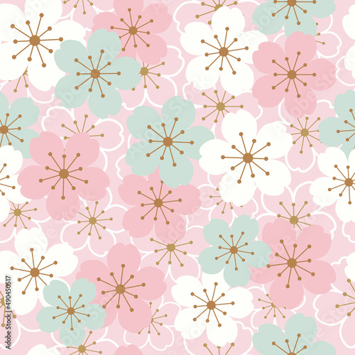 Cute seamless pattern with sakura, cherry blossom flowers design. Floral pattern for card, gift, invitation textile, fabric, wallpaper. Surface tile for prints in pastel color vector.