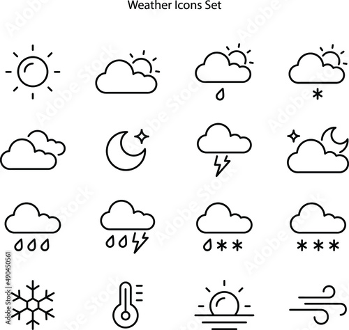 Weather icons set on white background for forecast application interface. Weather forecast, bad with storm and rain, snowy weather, sunny and warm