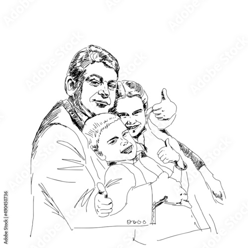 Grandfather with grandchildren. grandson and granddaughter Clip Art Illustration. Vector