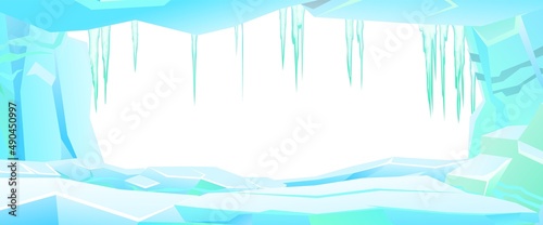 View from cave with icicles. Arctic landscape. Iceberg ice Antarctica. Beautiful winter scenery. Ice freeze into ocean. Cold frozen water. Vector