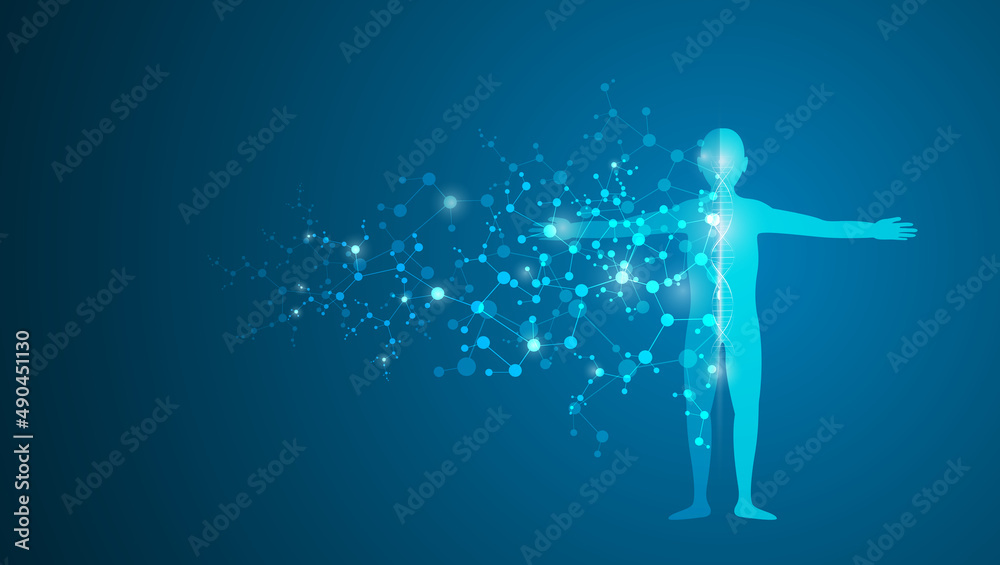 Concept of fusion of DNA and physical network molecules. human body connection, futuristic blue background