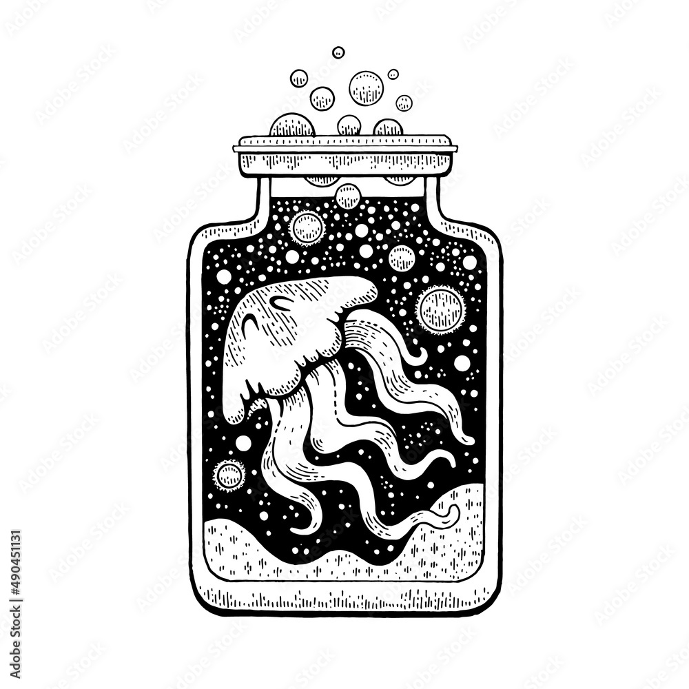 Tattoo jellyfish vector. Vintage sketch tattoo with universe design
