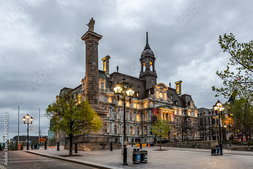 Montreal – May, 2017 – View of the Montreal City Hall from the Jacques Cartier square, with the Nelson column in the foreground photo