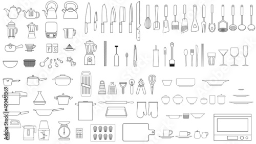 Line drawing icon illustration of kitchen utensils.