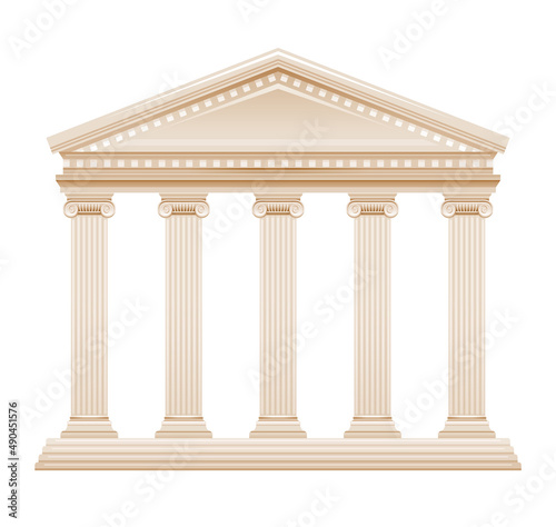 Greek temple building vector. Greek Roman pillar architecture. Ancient column illustration from Greece, Rome. Marble antique house - parthenon acropolis temple court bank. 3d icon on white baackground