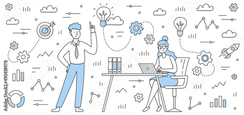 Business team develop idea doodle concept, colleagues work together with laptop thinking creative solutions with infographic icons around. People teamwork brainstorm in office Line vector illustration