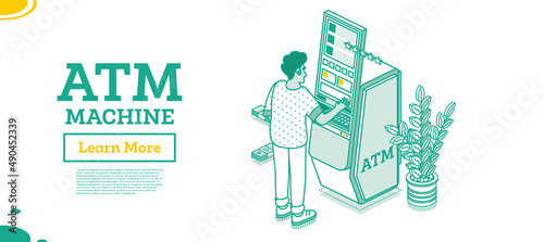 Man Withdrawal Cash in Modern Atm Machine Isolated on White. Isometric Business Concept.