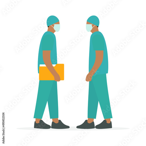 Two male characters in medical uniforms and medical masks stand together on a white background