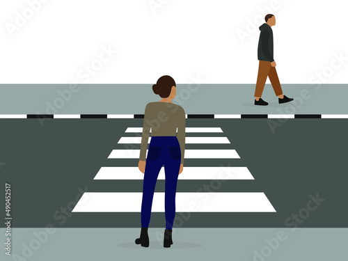 Male character and female character on the sidewalk near the crosswalk