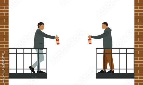 Two male characters clink bottles of alcohol while standing on opposite balconies