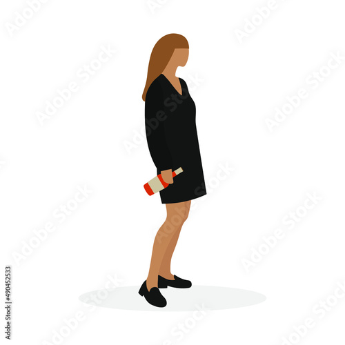 A female character with a bottle of alcohol in her hand stands on a white background