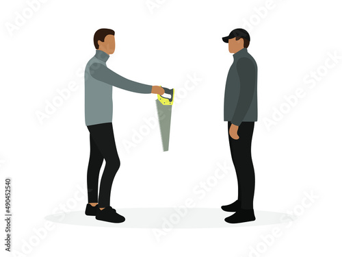 A male character gives a saw to another male character on a white background