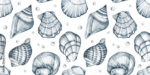 Watercolor hand drawn nautical seamless pattern with illustration of seashells, air bubbles isolated on white background. Graphic details. Marine blue underwater elements design. Print photo