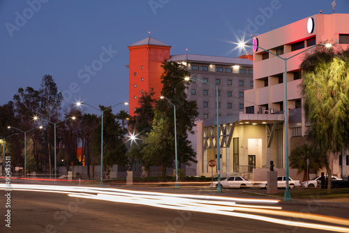 Nighttime view of the downtown cityscape of Mexicali, Baja California, Mexico.