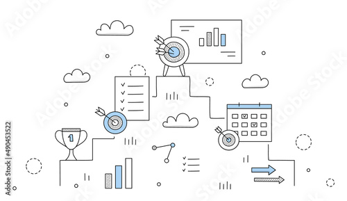 Business strategy and goals concept. Vector hand drawn illustration of targets and growth with pyramid of steps with dartboards with arrows, award, checklist and charts