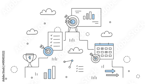 Business strategy and goals concept. Vector hand drawn illustration of targets and growth with pyramid of steps with dartboards with arrows, award, checklist and charts photo