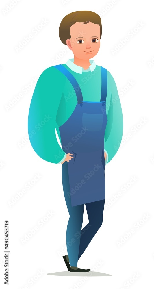 Little boy craftsman. Teen in apron. Master in workwear. Cheerful person. Standing pose. Cartoon comic style flat design. Single character. Illustration isolated on white background. Vector