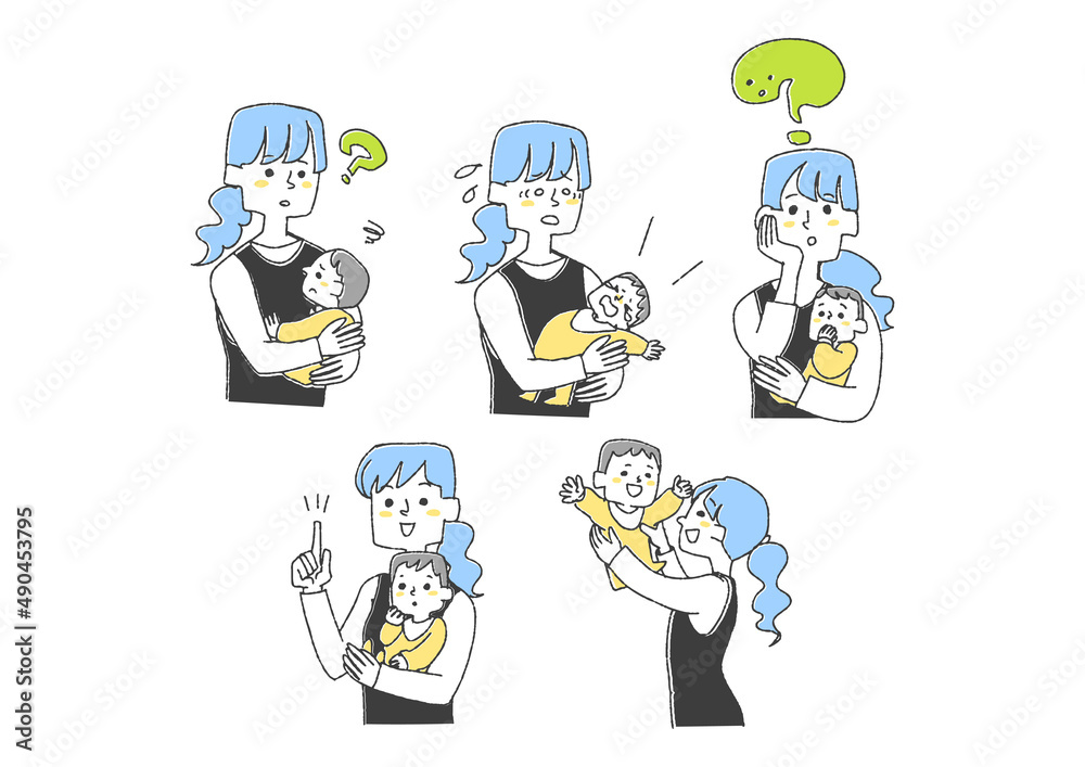子育てをしているママと赤ちゃんのセット コミカルな手書きの人物 ベクター、線画にシンプルな色つけ 子育てをしているママと赤ちゃんのセット コミカルな手書きの人物 ベクター、線画にシンプルな色つけ