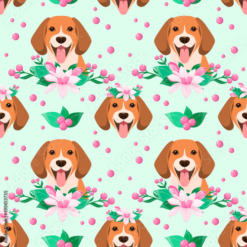 Seamless pattern with a beagle dog and magnolia flowers. Cartoon design.
