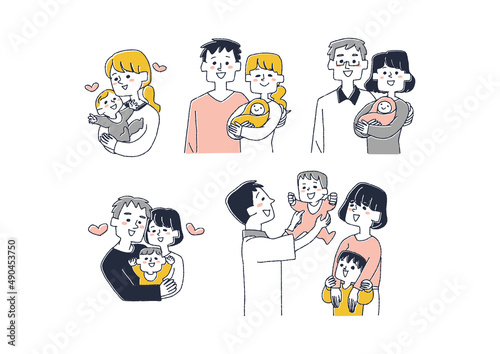 赤ちゃんと触れ合う家族たちのセット　コミカルな手書きの人物　ベクター、線画にシンプルな色つけ　