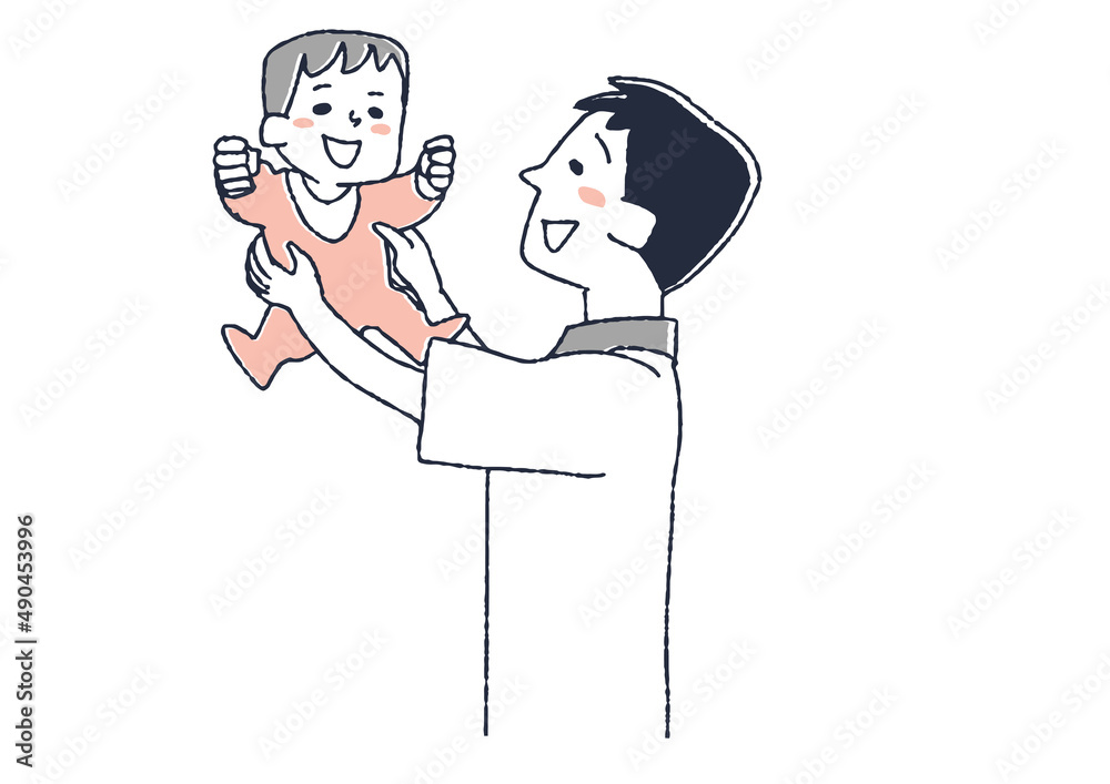 赤ちゃんを抱き上げるパパ コミカルな手書きの人物 ベクター 線画にシンプルな色つけ Stock Vector Adobe Stock