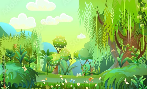Fairy forest. Wild flowers and butterflies. Mature willow trees. Morning sky. Dense thickets with flowers and butterflies. Beautiful summer landscape. Fun cartoon style. Cute nature scene. Vector
