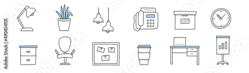 Office furniture icons with doodle chair, table with computer, lamps and cupboard. Vector hand drawn symbols of work cabinet or conference room equipment, telephone, clock and whiteboard