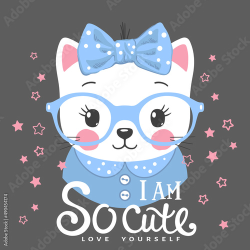 Cute cartoon cat girl face on dark background. I am So Cute slogan. Vector illustration design for t shirt graphics, fashion prints, slogan tees and other uses