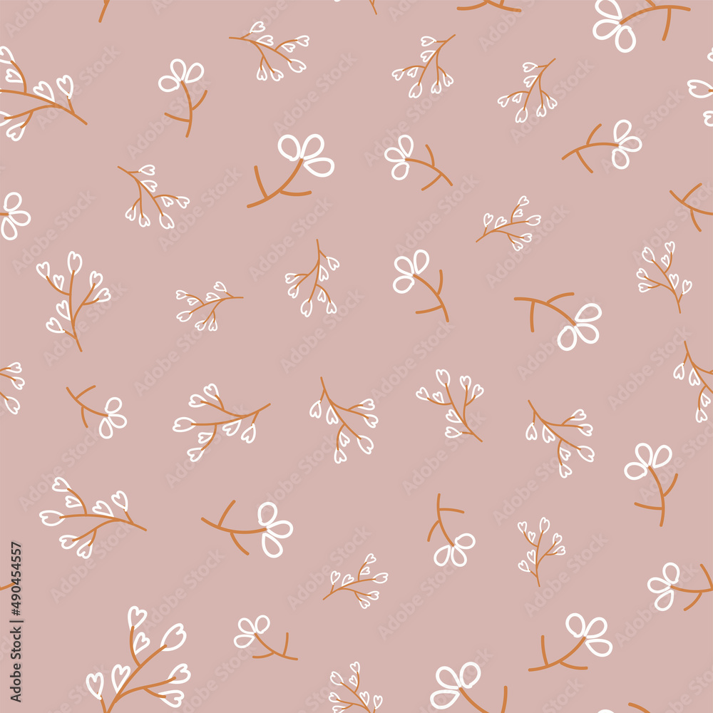 Cute floral seamless pattern with dusty pink color in doodles hand ...