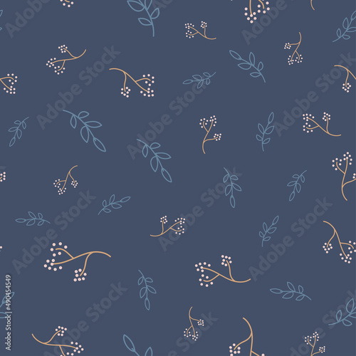 Cute floral seamless pattern with navy color in doodles hand drawn style. Trendy small flower and leaves vector background for feminine print, textile, fashion, wallpaper, wrap gift, fabric