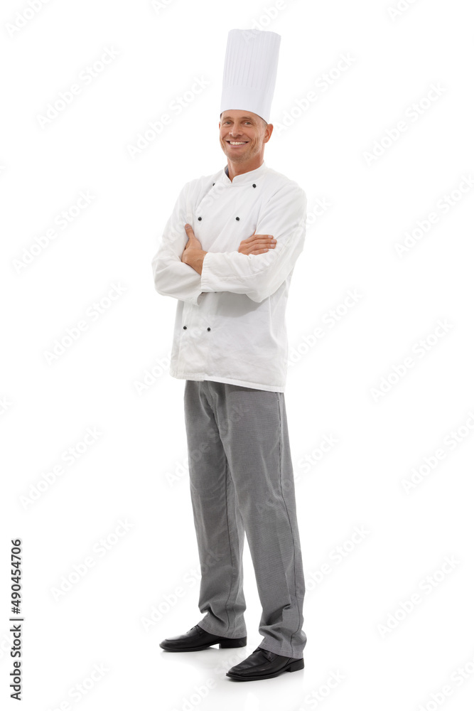 Master chef. Full length studio shot of a smiling chef isolated on white. Master chef. Full length studio shot of a smiling chef isolated on white.
